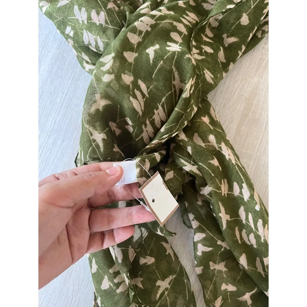 Olive Green Botanical Leaf Print Scarf Lightweight Semi Sheer Wrap Accessory